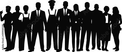 Large group of diverse professional people and workers silhouette standing together for community teamwork and corporate workforce career employment concepts