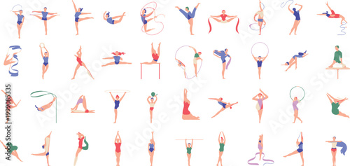 Set of rhythmic gymnastics athlete characters performing with ribbons hoops and balls in flat vector style for sports design