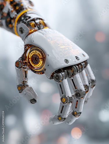 Futuristic robotic hand with intricate mechanical joints and glowing orange circuits demonstrating advanced technology and artificial intelligence design concepts