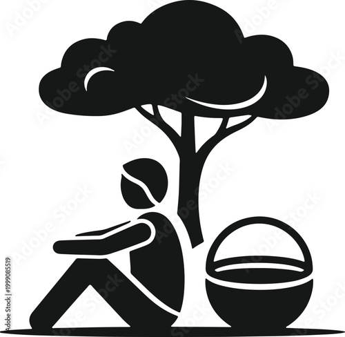 Person relaxing under tree with basket during picnic outdoors.