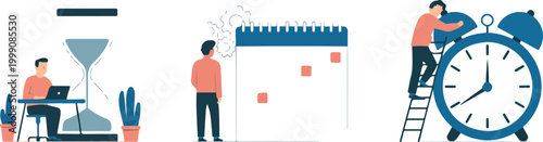 Business people managing time with giant hourglass and calendar for productivity planning and deadline schedule organization with alarm clock illustration