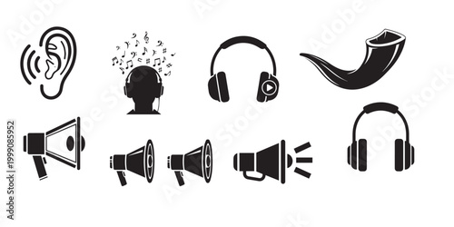Black and white icons representing hearing sound and communication devices