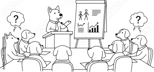 Dogs attending business meeting presentation by dog leader.