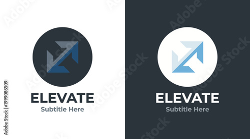 This image presents an 'Elevate' logo that symbolizes growth and progress with its upward-moving arrows and sophisticated color scheme for a modern look.