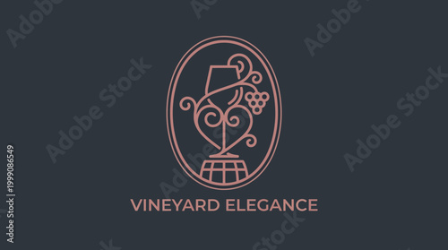 An elegant logo for 'Vineyard Elegance', featuring a wine glass intertwined with vines, capturing the essence of sophistication and fine winemaking.