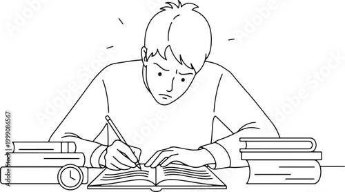 Student studying diligently with books and pen at desk.
