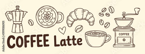 Whimsical coffee morning sketch set, hand drawn vector illustration with coffee cup, croissant, beans, grinder, and geyser coffee maker, chalk crayon ink doodle style for breakfast menus, posters.