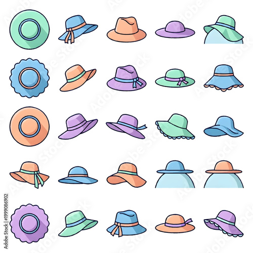 Pastel Women's Summer Hats Vector Set - Beach Sunhat Fashion Accessory Collection