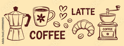 Whimsical coffee morning sketch set, hand drawn vector illustration with coffee cup, croissant, beans, grinder, and geyser coffee maker, chalk crayon ink doodle style for breakfast menus, posters.