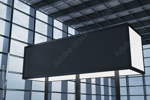 Blank rectangular advertising signage mockup hanging in modern glass airport ...