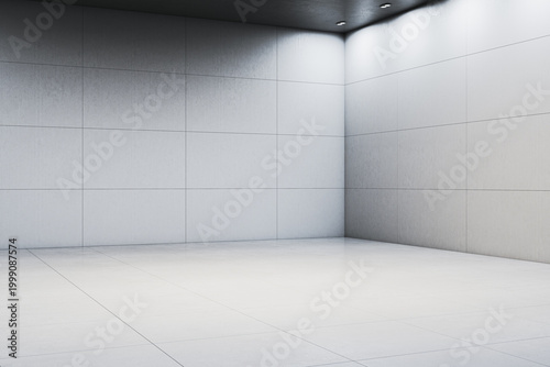 Minimal modern empty interior room with clean white walls, smooth tiled floor...