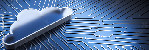 Cloud technology symbol on electronic circuit background representing digital data network infrastructure and modern cyberspace connectivity. 3D Rendering