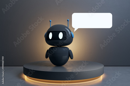 Cute dark chatbot robot with glowing eyes on an illuminated platform next to ...