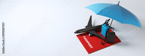Airplane luggage passport and umbrella travel protection concept on light background illustrating tourism safety and international vacation needs. 3D Rendering