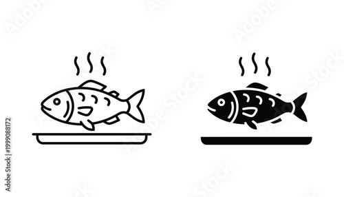 Hot cooked fish on a plate icon set in line art and solid black silhouette styles for restaurant menu and seafood branding