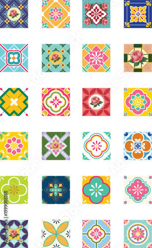 A set of 24 vintage colorful decorative tile patterns collections