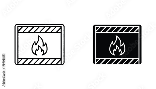 Fireplace icon set with flame symbol in line art and solid black silhouette styles for home heating and interior design graphics