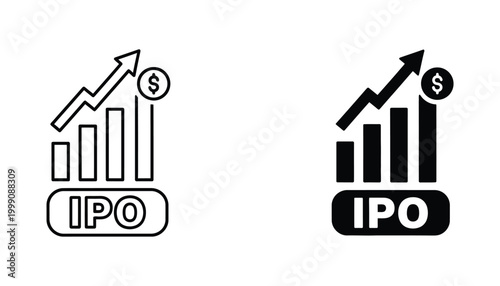 Initial public offering IPO bar chart icon with rising arrow and dollar symbol for financial market growth and stock market debut concept in minimalist black and white vector graphic style