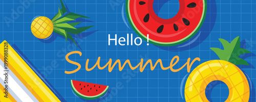 Hello summer pool party with fruit floats vector illustration	
