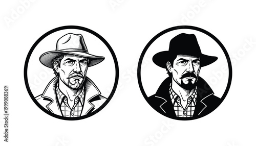 Cowboy portrait avatar icon in circular frame showing rugged western style in vector illustration