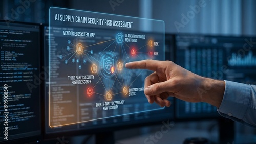 Navigating AI-Powered Supply Chain Security A Professional Analyzes Real-Time Threat Intelligence and Data for Risk Management on a Futuristic Digital Interface