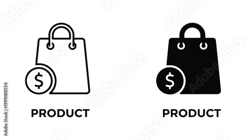 Shopping bag icon with a dollar coin symbol representing retail and e-commerce transactions as a professional vector icon set for online stores