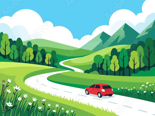 Red Car Driving on Winding Road Through Scenic Green Mountain Landscape Vector Illustration for Travel and Road Trip Concept