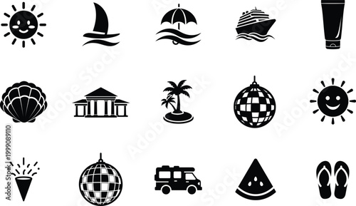 Black icons of summer vacation and travel.