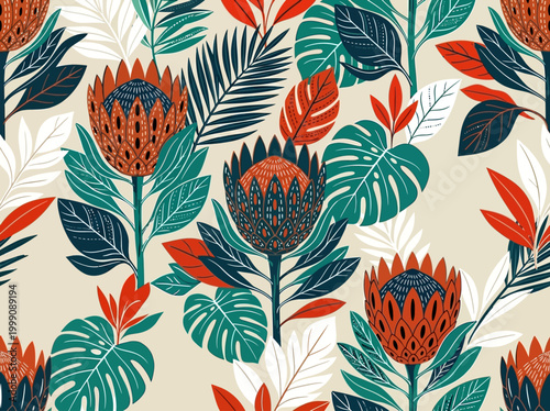 Seamless Tropical Pattern with King Protea Flowers and Monstera Leaves, Modern Botanical Illustration for Textiles and Wallpaper