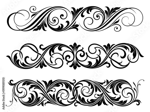 Elegant Baroque Ornamental Borders and Filigree Flourish Dividers Set. Classic Vintage Scroll Elements for Invitation, Certificate, and Branding Design.