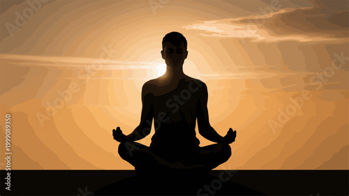 Man silhouette meditating in lotus position at sunset vector graphic