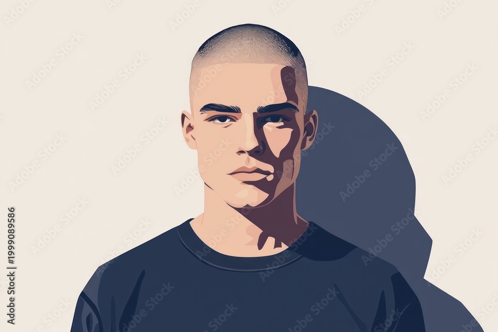 Fototapeta premium Digital illustration of a man with short hair, neutral expression, and shadow cast on background