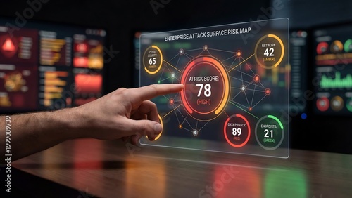 Cybersecurity risk assessment displayed on a futuristic holographic interface with a user's hand interacting with the data visualization