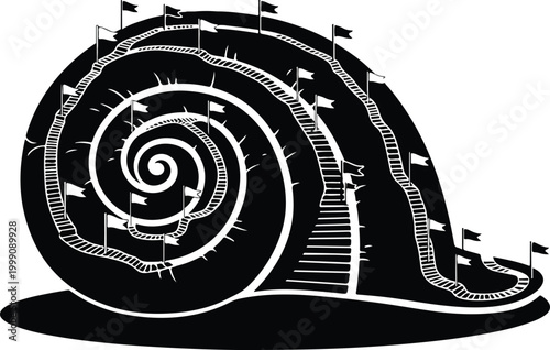 Conceptual Silhouette of a Spiral Staircase and Flags Winding Up a Snail Shell