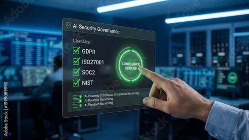 AI security governance checklist completion, a hand interacting with a futuristic screen verifying compliance with AI regulations like GDPR and NIST
