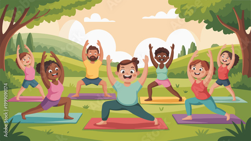 Diverse group of happy people practicing yoga in sunny nature park