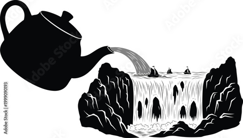 Conceptual Silhouette of a Teapot Pouring a Waterfall with Sailboats in a Rocky Canyon