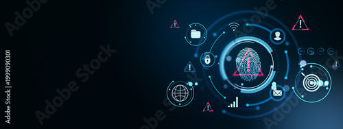 Digital fingerprint security interface with futuristic tech elements on dark ...