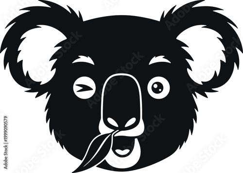 Playful koala face with winking eye and leaf in mouth illustration.