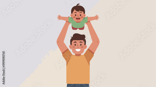Father holding his baby up high with joy in a bright room