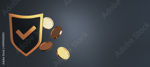 Golden shield icon with checkmark and floating gold coins symbolizing secure ...