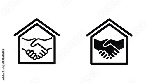 Real estate handshake inside house silhouette icon set featuring partnership and agreement in outline and solid black styles for property business concepts isolated on white background