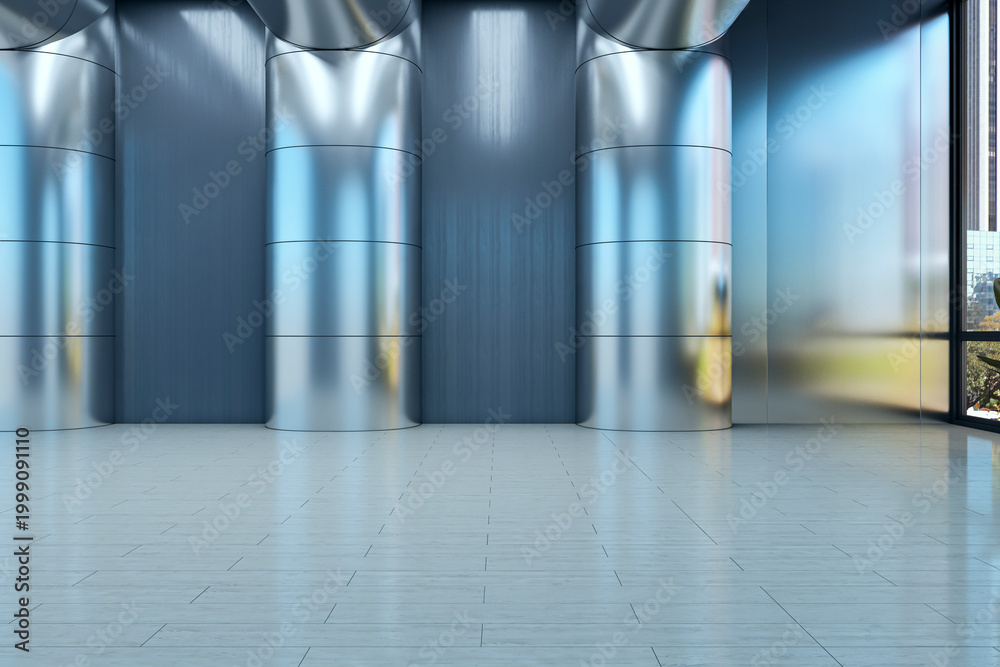 Fototapeta premium Modern metallic interior room with tall reflective columns, sleek contemporary walls, and bright light creating an empty futuristic indoor space. 3D Rendering