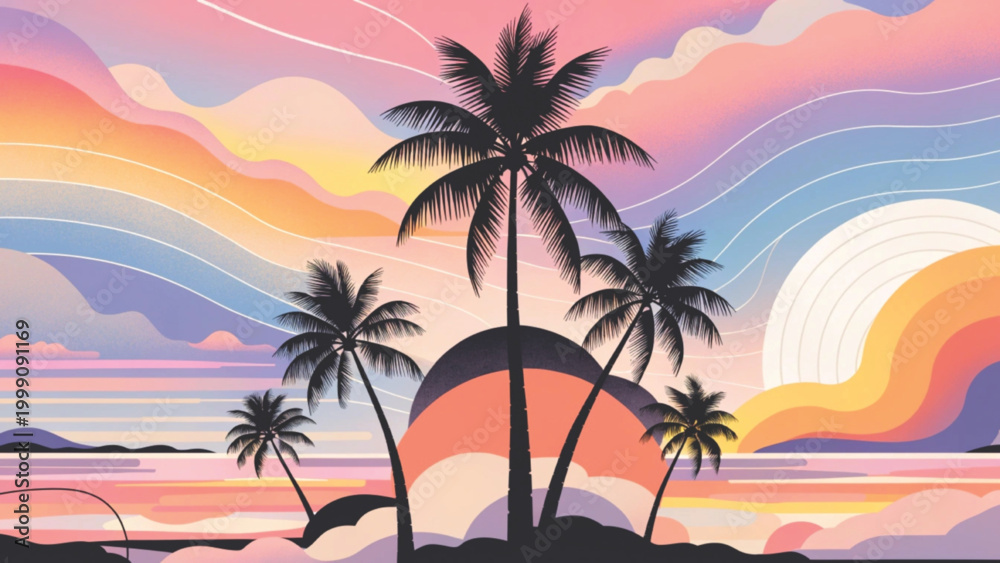 Fototapeta premium Pastel tropical palm trees pattern overlapping palm silhouettes background 