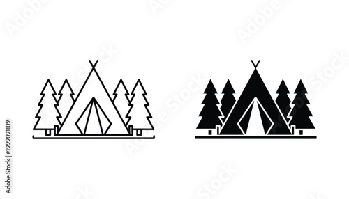 Camping tent and pine trees silhouette and line art icons representing outdoor adventure and woodland travel concepts for wilderness exploration and nature tourism branding as vector illustrations