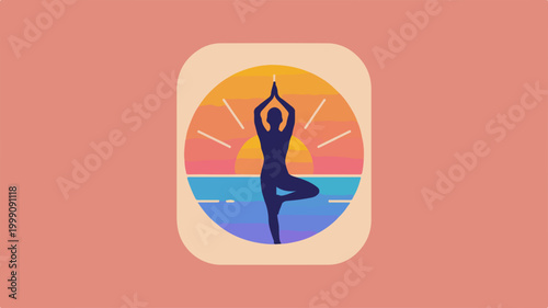 Woman doing yoga tree pose during sunset by the beach illustration
