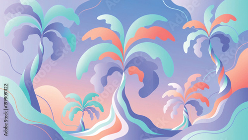 Pastel tropical palm trees pattern overlapping palm silhouettes background
