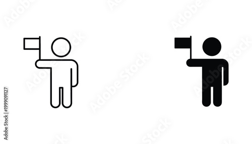 Person holding flag icon set featuring leadership and goal achievement symbols in black and white for business strategy and corporate success graphic design