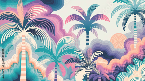 Pastel tropical palm trees pattern overlapping palm silhouettes background
