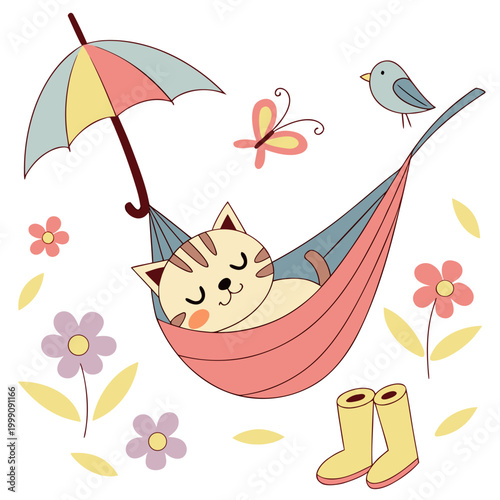 Shy expression on a Sphynx cat in a Spring theme, with in a hammock – Blooming Renewal vector art